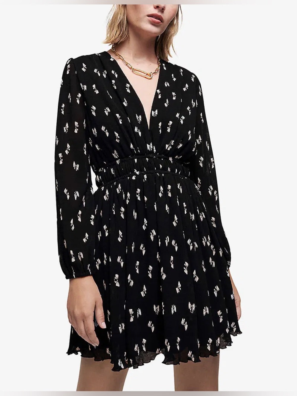 Maje Bow Print Pleated georgette Jersey Mini Dress 38 Medium black grunge